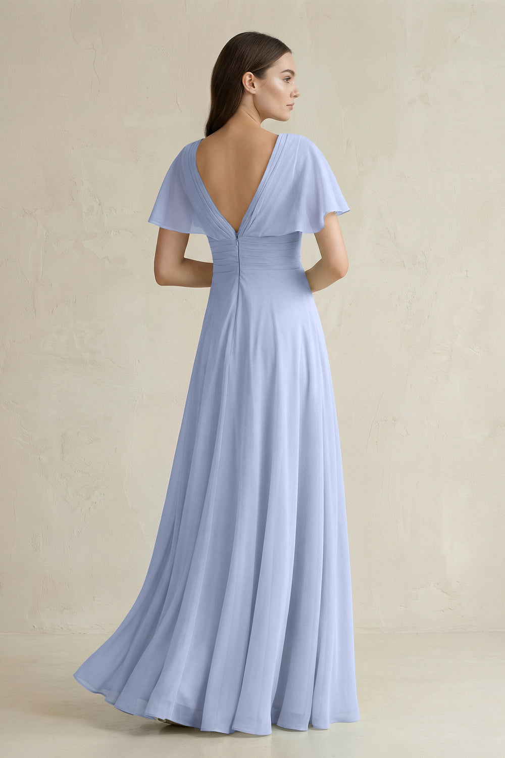 V-Neck Ruffled Sleeve A-Line Chiffon Bridesmaid Dress in Ice