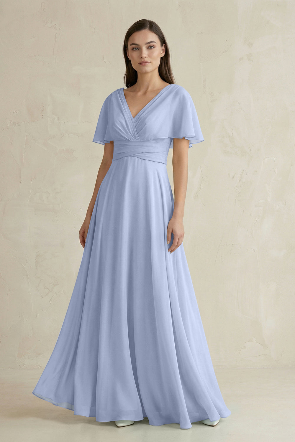V-Neck Ruffled Sleeve A-Line Chiffon Bridesmaid Dress in Ice