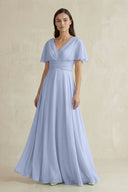 Ice V-Neck Ruffled Sleeve A-Line Chiffon Bridesmaid Dress | KISSBRIDAL