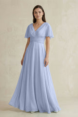 Ice V-Neck Ruffled Sleeve A-Line Chiffon Bridesmaid Dress | KISSBRIDAL
