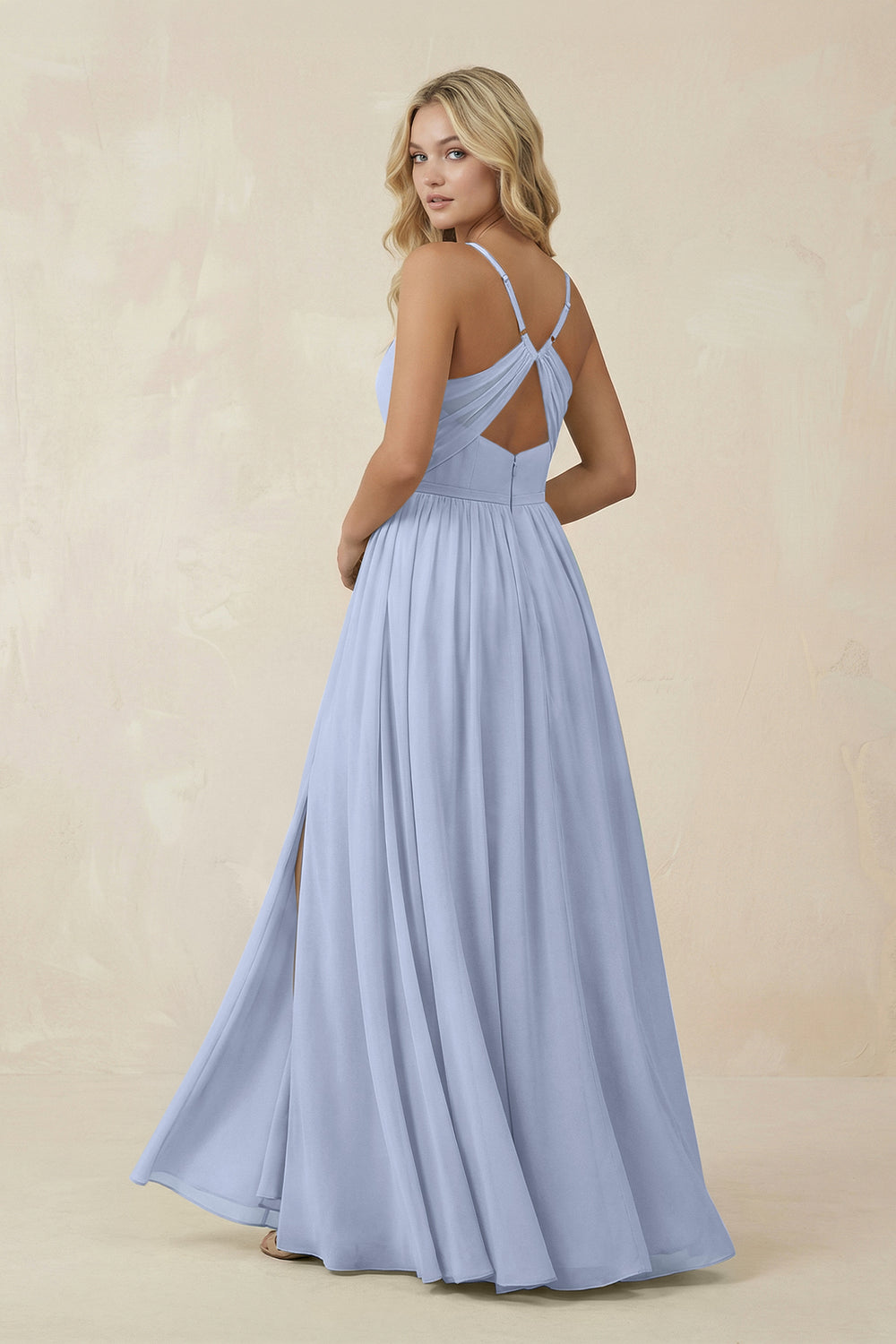 V-Neck Spaghetti Strap A-Line Chiffon Bridesmaid Dress in Ice
