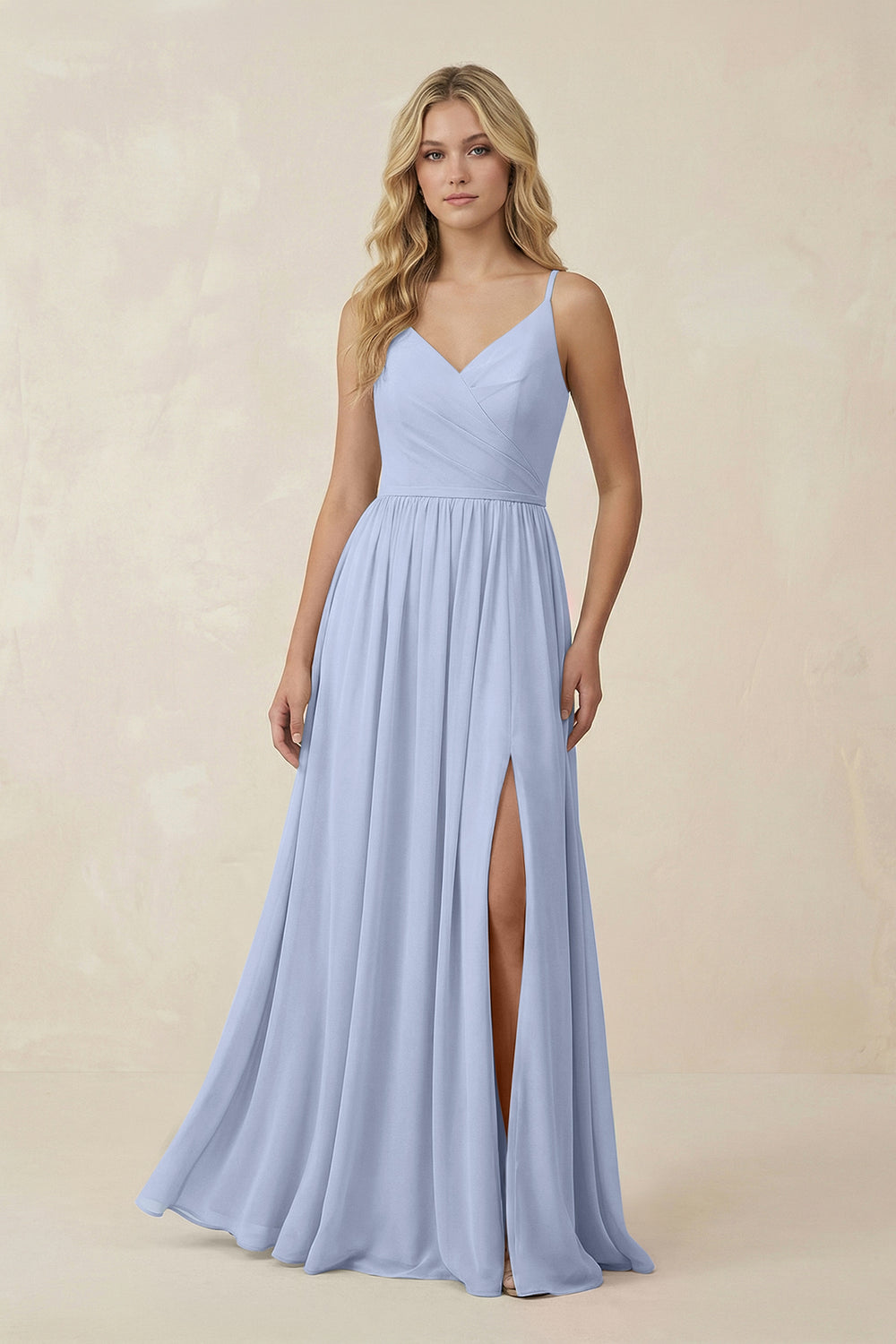 V-Neck Spaghetti Strap A-Line Chiffon Bridesmaid Dress in Ice