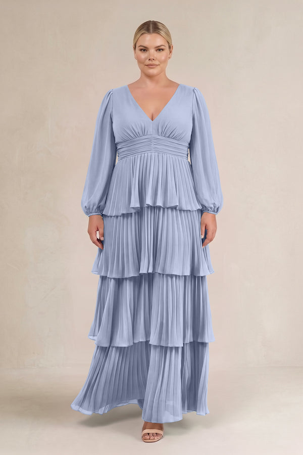 Ice V-Neck Tiered A-Line Long Sleeve Bridesmaid Dress (3) [sizeplus] | KISSBRIDAL