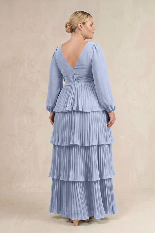 Ice V-Neck Tiered A-Line Long Sleeve Bridesmaid Dress (4) [sizeplus] | KISSBRIDAL