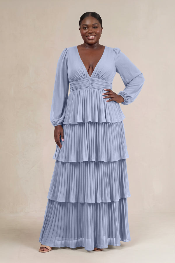 Ice V-Neck Tiered A-Line Long Sleeve Bridesmaid Dress [sizeplus] | KISSBRIDAL