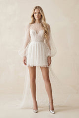 Illusion A - Line Long Sleeves Mini Wedding Dress With Beaded in White - KISS BRIDAL Wedding Dresses