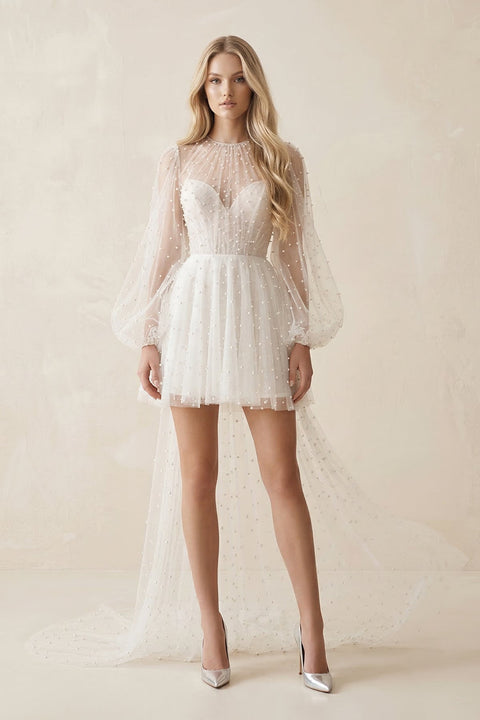 Illusion A - Line Long Sleeves Mini Wedding Dress With Beaded in Diamond White- KISS BRIDAL Wedding Dresses