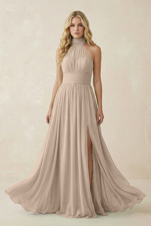 Illusion Halter A - Line Chiffon Bridesmaid Gown in Almond - SHE IS ME Bridesmaid Dresses