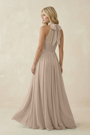 Illusion Halter A - Line Chiffon Bridesmaid Gown in Almond - SHE IS ME Bridesmaid Dresses