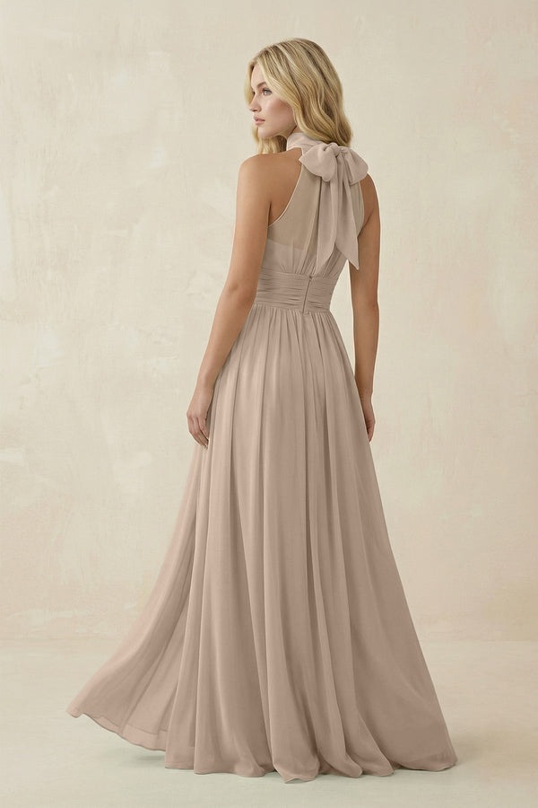 Illusion Halter A - Line Chiffon Bridesmaid Gown in Almond - SHE IS ME Bridesmaid Dresses