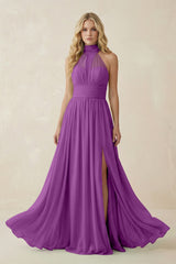 Illusion Halter A - Line Chiffon Bridesmaid Gown in Amethyst - KISS BRIDAL Bridesmaid Dresses