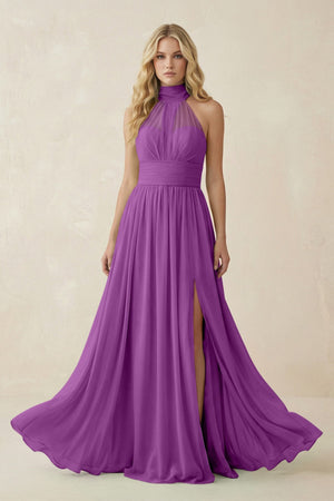 Illusion Halter A - Line Chiffon Bridesmaid Gown in Amethyst - KISS BRIDAL Bridesmaid Dresses