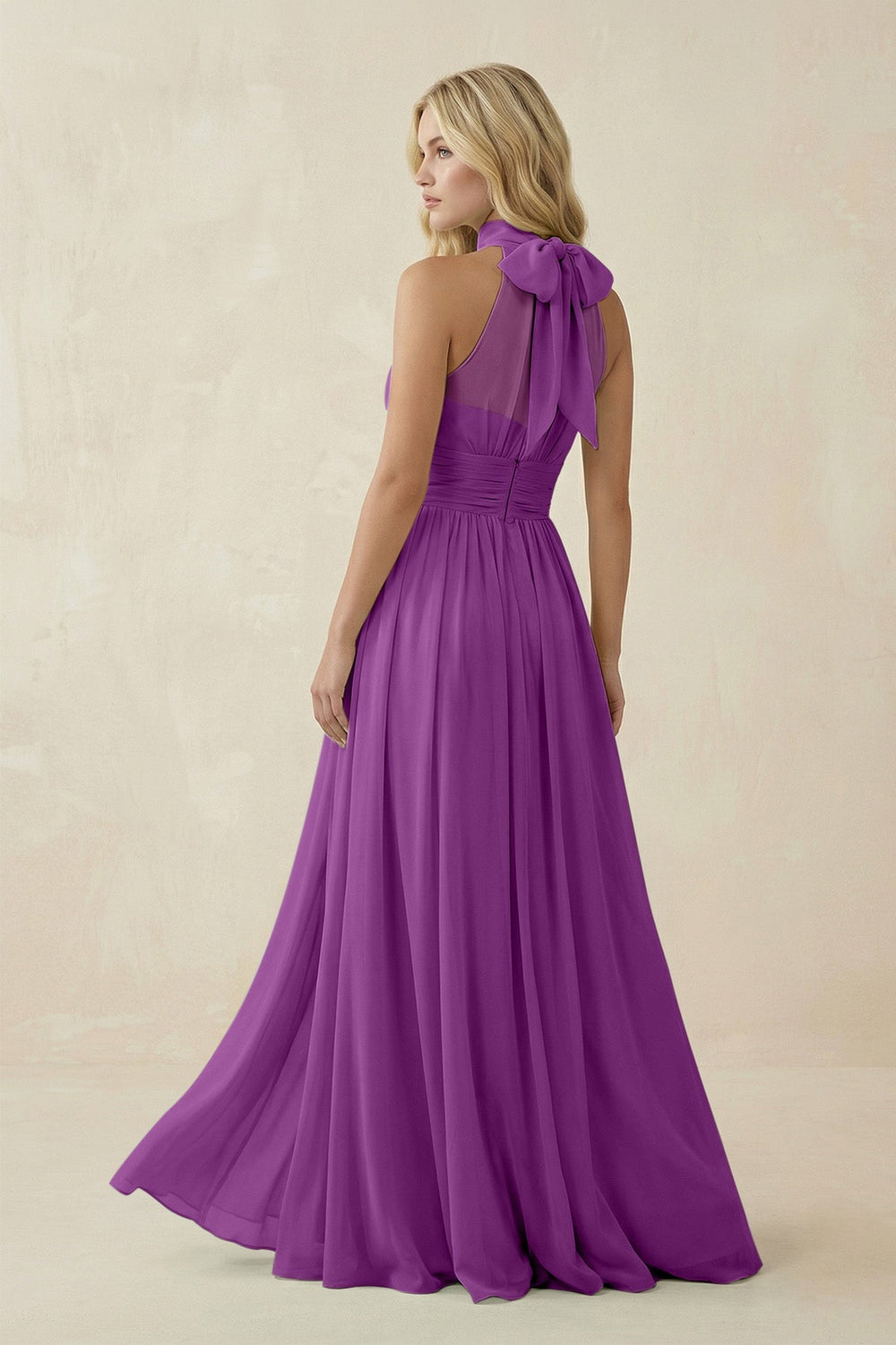 Illusion Halter A - Line Chiffon Bridesmaid Gown in Amethyst - KISS BRIDAL Bridesmaid Dresses