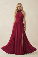 Illusion Halter A - Line Chiffon Bridesmaid Gown in Berry - KISS BRIDAL Bridesmaid Dresses