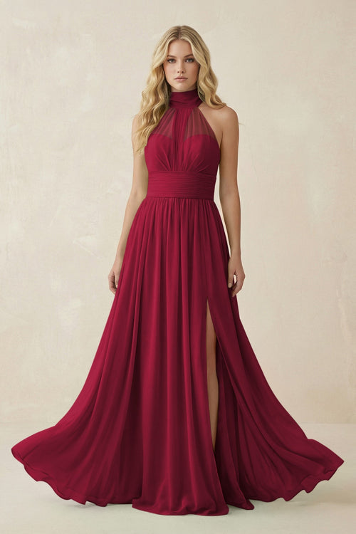 Illusion Halter A - Line Chiffon Bridesmaid Gown in Berry - KISS BRIDAL Bridesmaid Dresses