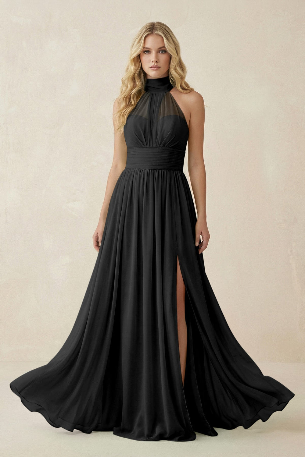 Illusion Halter A - Line Chiffon Bridesmaid Gown in Black - KISS BRIDAL Bridesmaid Dresses