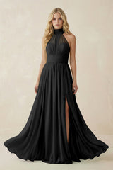 Illusion Halter A - Line Chiffon Bridesmaid Gown in Black - KISS BRIDAL Bridesmaid Dresses