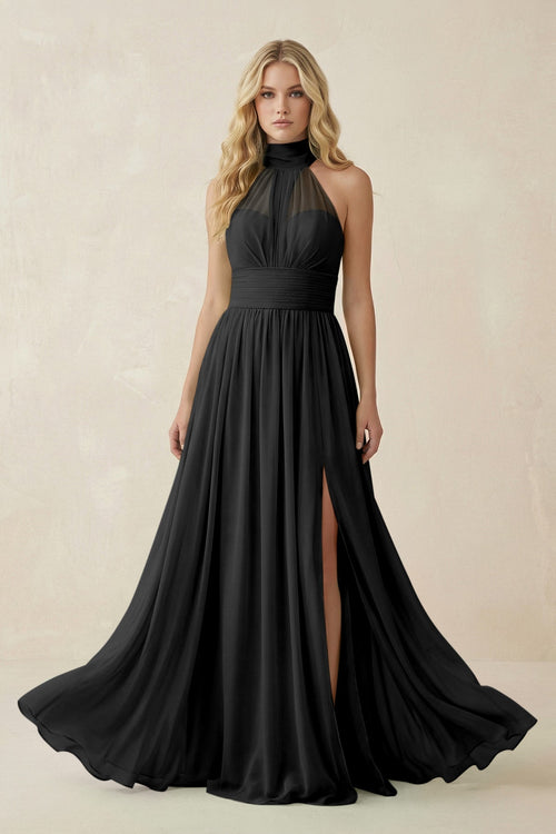 Illusion Halter A - Line Chiffon Bridesmaid Gown in Black - KISS BRIDAL Bridesmaid Dresses