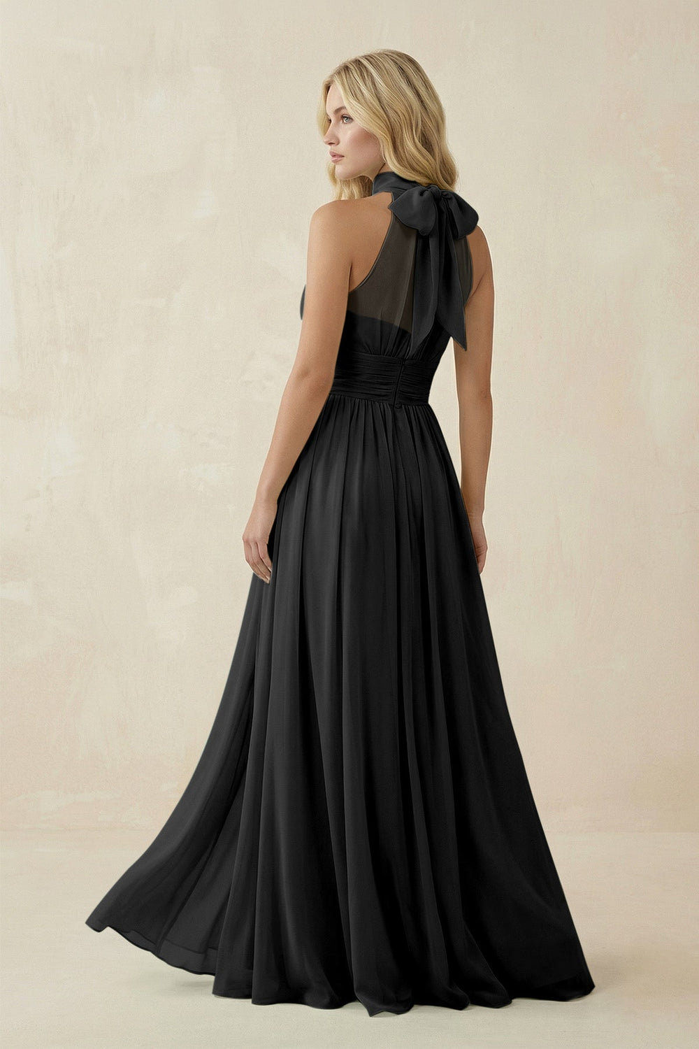 Illusion Halter A - Line Chiffon Bridesmaid Gown in Black - KISS BRIDAL Bridesmaid Dresses