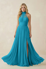 Illusion Halter A - Line Chiffon Bridesmaid Gown in Blue Jay - KISS BRIDAL Bridesmaid Dresses