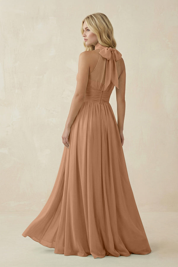 Illusion Halter A - Line Chiffon Bridesmaid Gown in Bronzer - KISS BRIDAL Bridesmaid Dresses