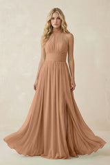 Illusion Halter A - Line Chiffon Bridesmaid Gown in Bronzer - KISS BRIDAL Bridesmaid Dresses