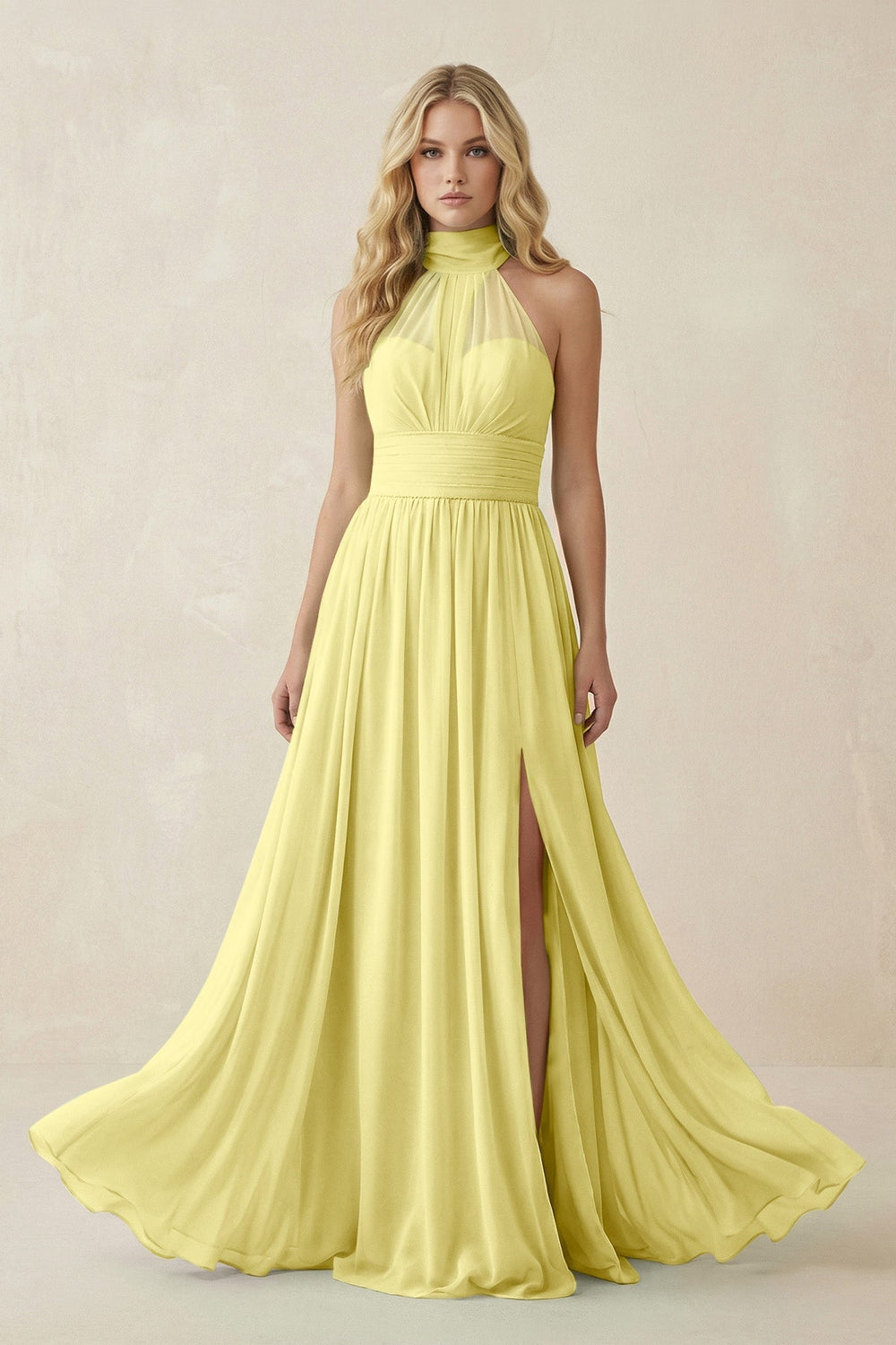 Illusion Halter A - Line Chiffon Bridesmaid Gown in Buttercup - KISS BRIDAL Bridesmaid Dresses
