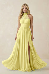 Illusion Halter A - Line Chiffon Bridesmaid Gown in Buttercup - KISS BRIDAL Bridesmaid Dresses