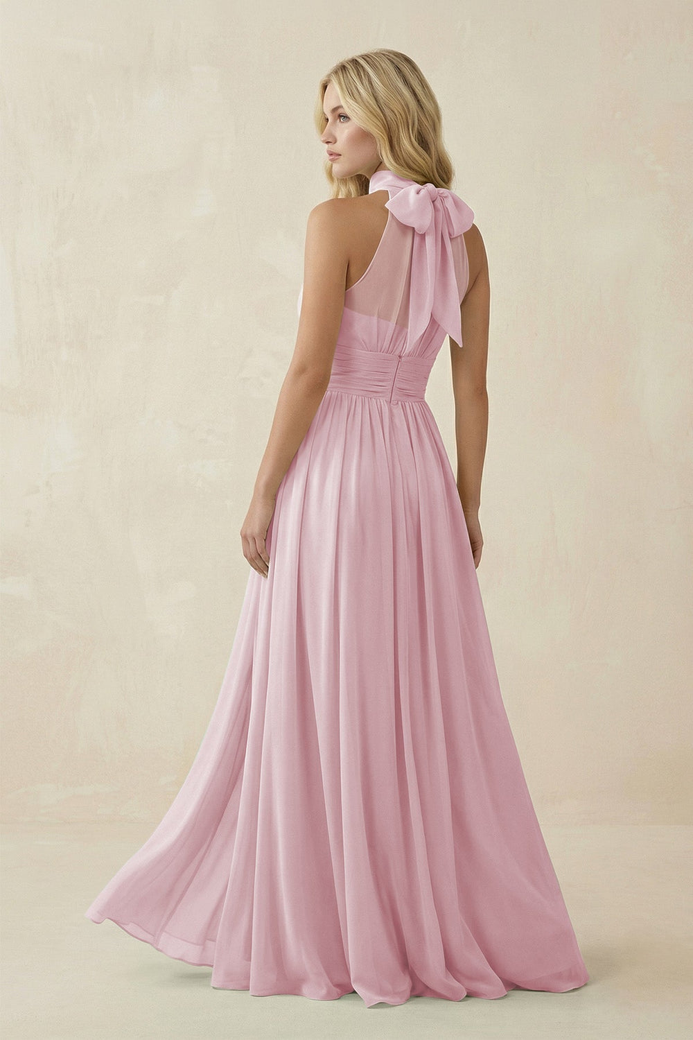 Illusion Halter A - Line Chiffon Bridesmaid Gown in Candy Pink - KISS BRIDAL Bridesmaid Dresses