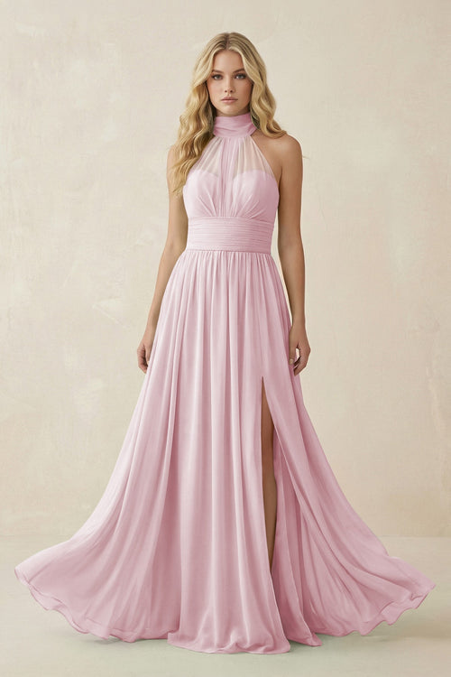Illusion Halter A - Line Chiffon Bridesmaid Gown in Candy Pink - KISS BRIDAL Bridesmaid Dresses