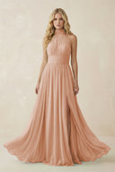 Illusion Halter A - Line Chiffon Bridesmaid Gown in Champagne Rose - SHE IS ME Bridesmaid Dresses