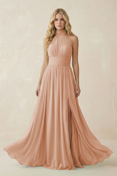 Illusion Halter A - Line Chiffon Bridesmaid Gown in Champagne Rose - SHE IS ME Bridesmaid Dresses