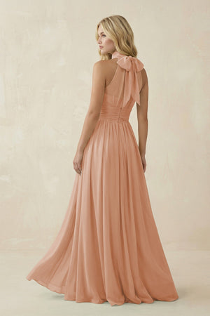 Illusion Halter A - Line Chiffon Bridesmaid Gown in Champagne Rose - SHE IS ME Bridesmaid Dresses