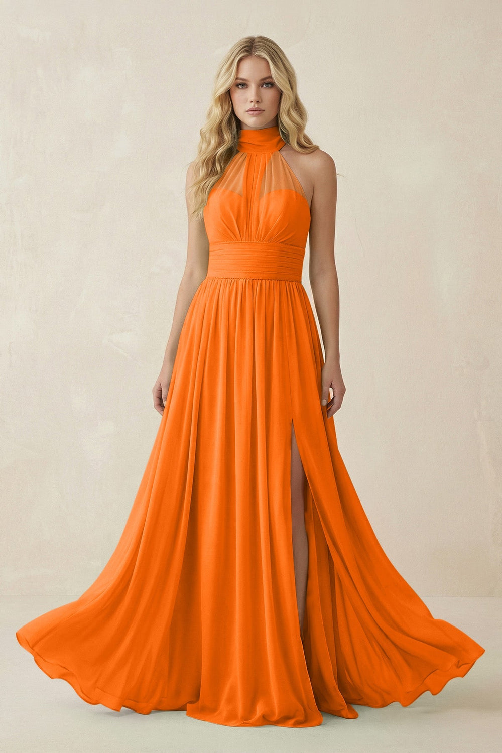 Illusion Halter A - Line Chiffon Bridesmaid Gown in Cinnamon - KISS BRIDAL Bridesmaid Dresses