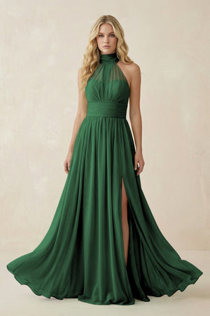 Illusion Halter A - Line Chiffon Bridesmaid Gown in Dark Green - KISS BRIDAL Bridesmaid Dresses