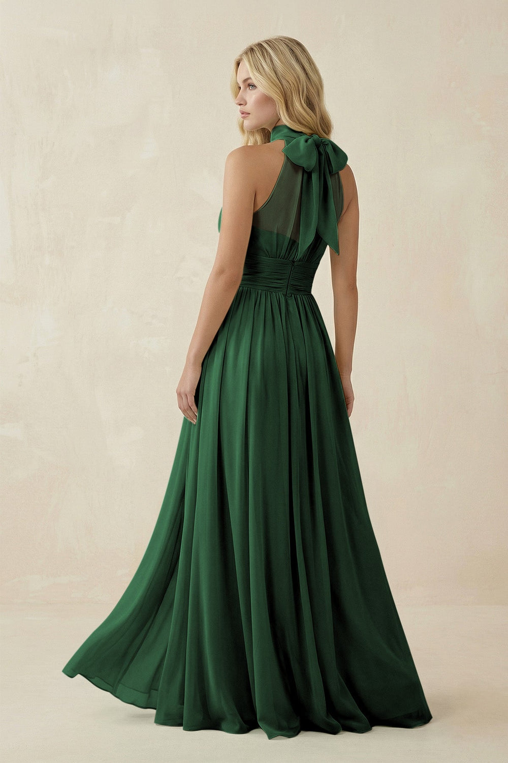Illusion Halter A - Line Chiffon Bridesmaid Gown in Dark Green - KISS BRIDAL Bridesmaid Dresses