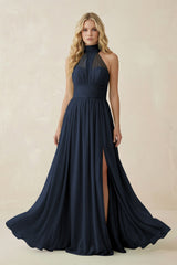 Illusion Halter A - Line Chiffon Bridesmaid Gown in Dark Navy - KISS BRIDAL Bridesmaid Dresses