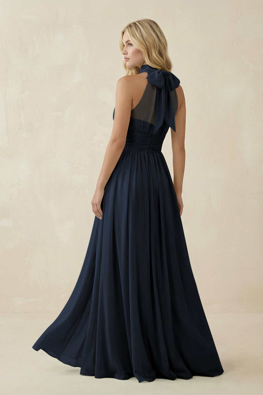 Illusion Halter A - Line Chiffon Bridesmaid Gown in Dark Navy - KISS BRIDAL Bridesmaid Dresses