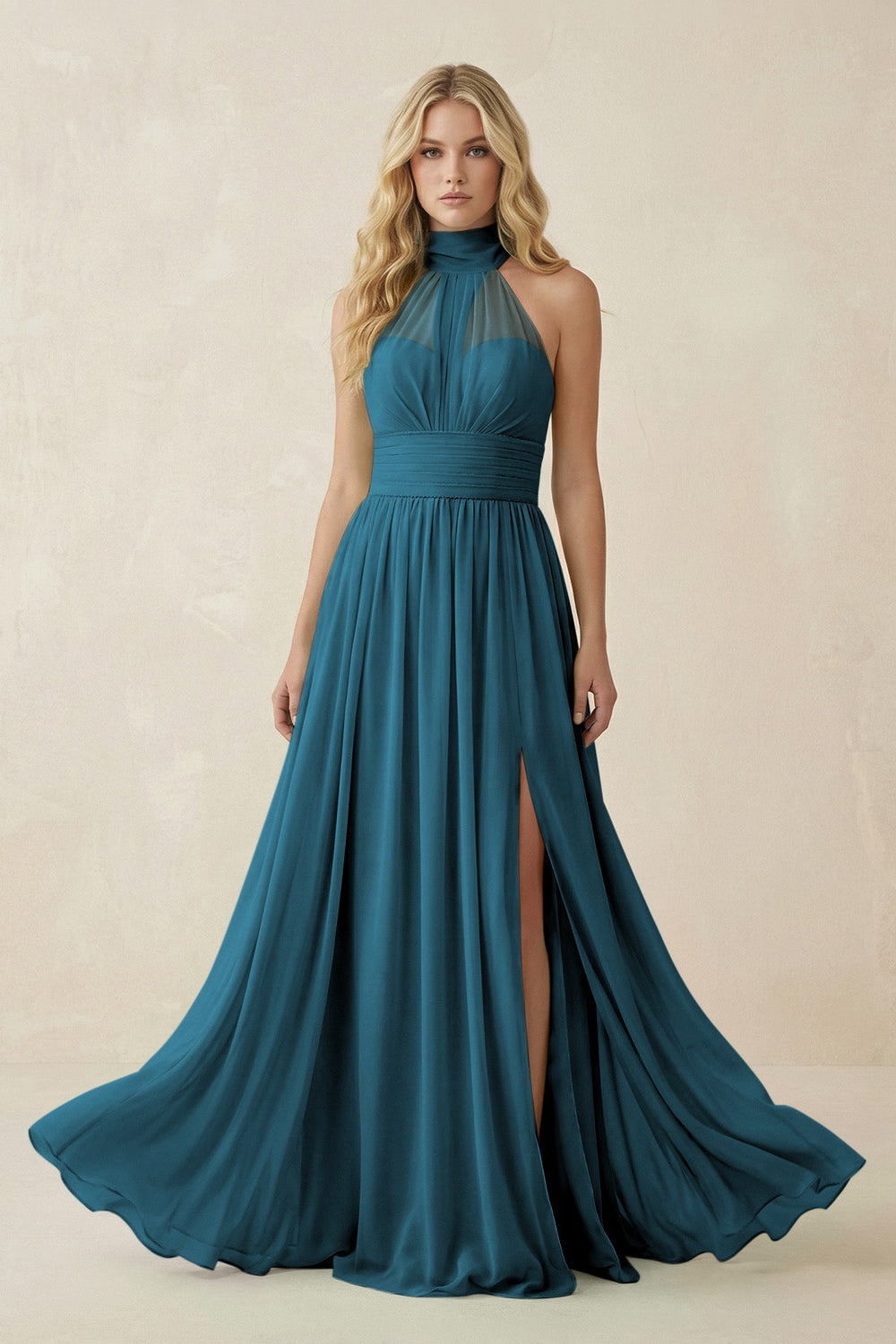 Illusion Halter A - Line Chiffon Bridesmaid Gown in Dark Teal - KISS BRIDAL Bridesmaid Dresses