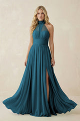 Illusion Halter A - Line Chiffon Bridesmaid Gown in Dark Teal - KISS BRIDAL Bridesmaid Dresses