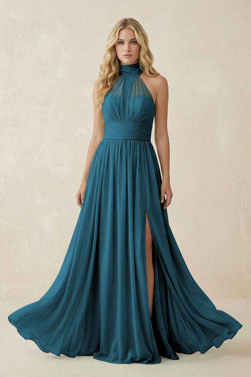 Illusion Halter A - Line Chiffon Bridesmaid Gown in Dark Teal - KISS BRIDAL Bridesmaid Dresses