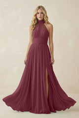 Illusion Halter A-Line Chiffon Bridesmaid Gown in Desert Rose | KISSBRIDAL
