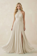 Illusion Halter A - Line Chiffon Bridesmaid Gown in Dove Gray - KISS BRIDAL Bridesmaid Dresses