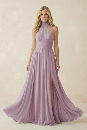 Illusion Halter A - Line Chiffon Bridesmaid Gown in Dusk - KISS BRIDAL Bridesmaid Dresses