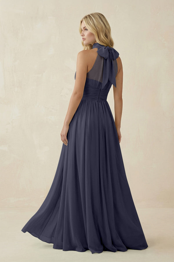 Illusion Halter A - Line Chiffon Bridesmaid Gown in Dusk Blue - KISS BRIDAL Bridesmaid Dresses