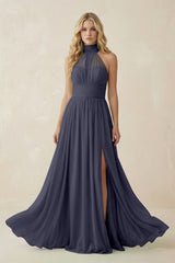 Illusion Halter A - Line Chiffon Bridesmaid Gown in Dusk Blue - KISS BRIDAL Bridesmaid Dresses