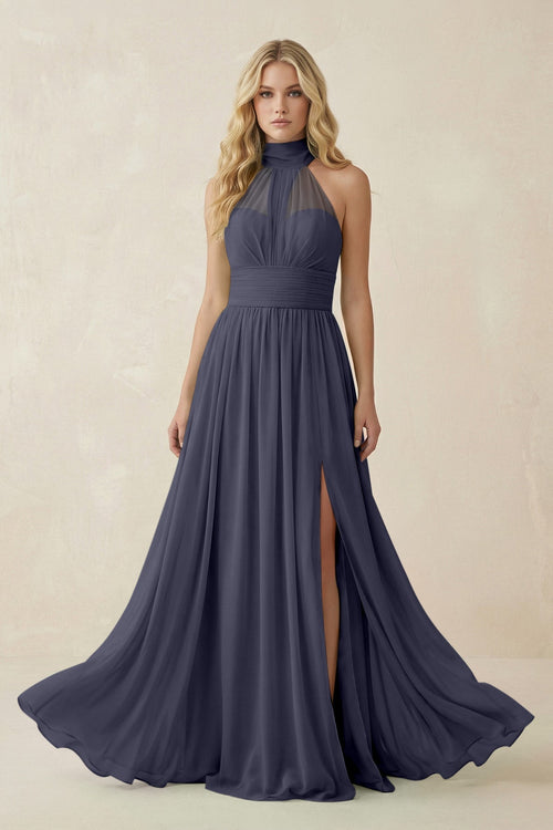 Illusion Halter A - Line Chiffon Bridesmaid Gown in Dusk Blue - KISS BRIDAL Bridesmaid Dresses