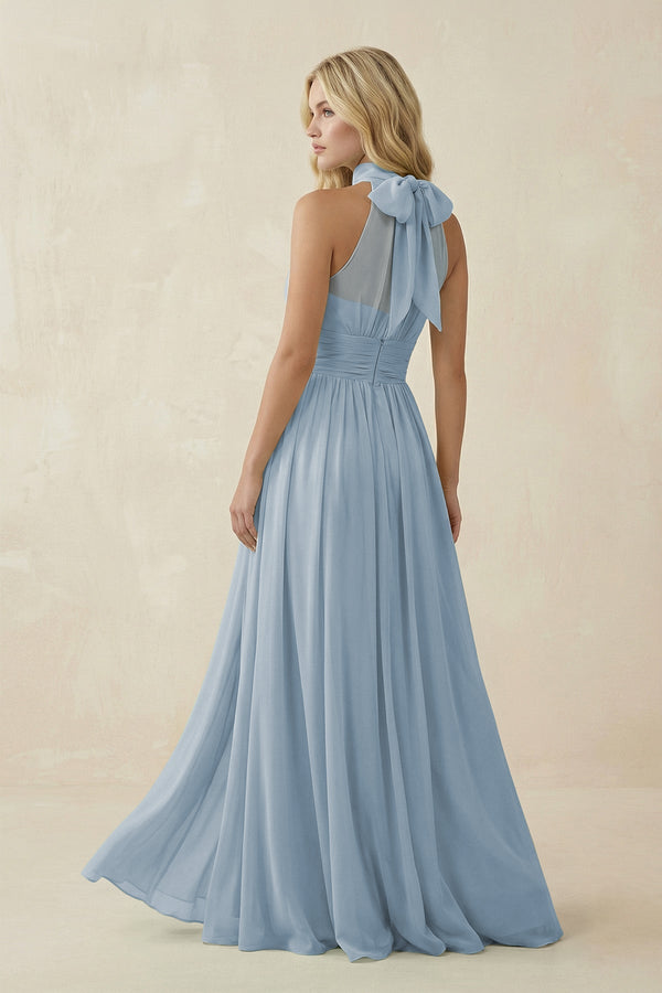 Illusion Halter A - Line Chiffon Bridesmaid Gown in Dusty Blue - KISS BRIDAL Bridesmaid Dresses