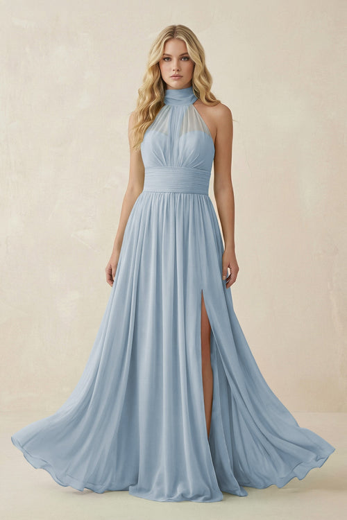 Illusion Halter A - Line Chiffon Bridesmaid Gown in Dusty Blue - KISS BRIDAL Bridesmaid Dresses