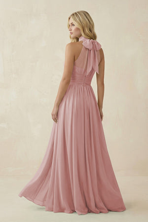 Illusion Halter A - Line Chiffon Bridesmaid Gown in Dusty Rose - KISS BRIDAL Bridesmaid Dresses